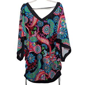 Swim Systems Collection Floral Cover up Womens Size Large Black Dolman Sleeve